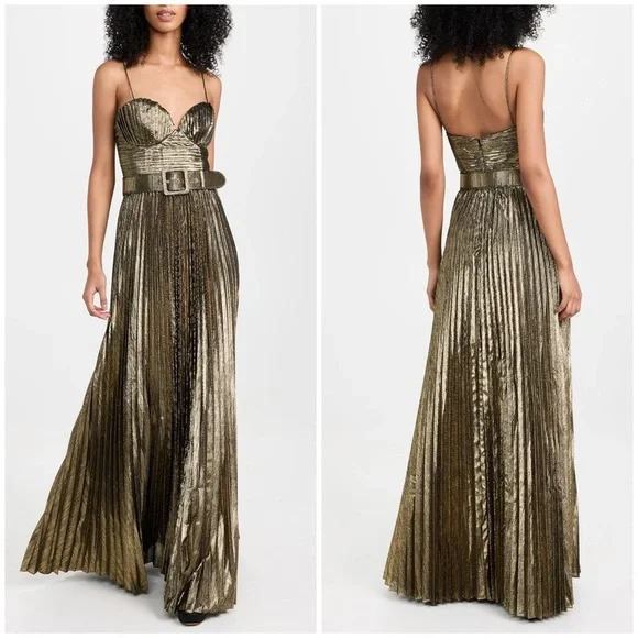 New Rebecca Vallance Josie Metallic Plisse Lame Gown Maxi Dress Gold Sz 12 - Picture 1 of 13